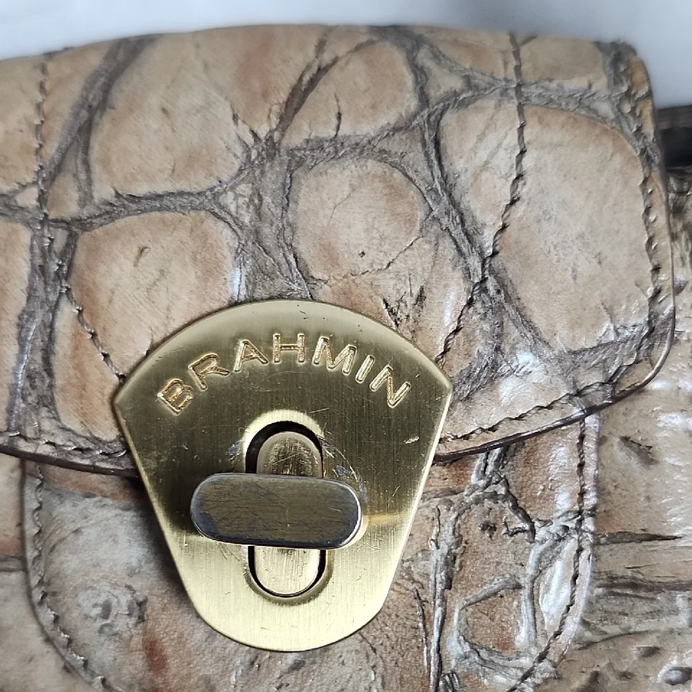 Brahmin Tan Croc-Embossed Leather Shoulder Bag with Goldtone Hardware Medium